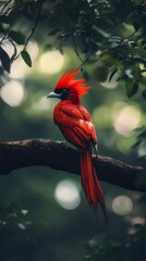 Vibrant Red Bird Perched Majestically Among Lush Greenery Nature Wildlife Symphony