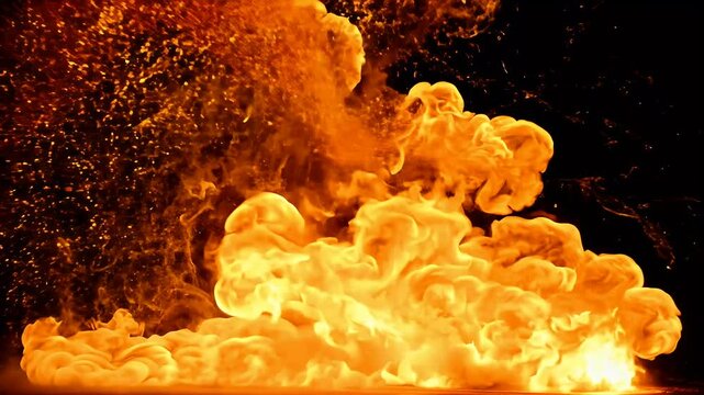 explosions fire blasts erupting thrilling 4K video sparks particles dramatically flying air illustrating destructive power bomb real abstract black charge cloud background colours desert