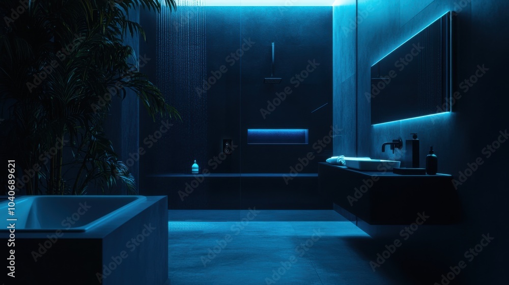 Poster an elegant view of a modern bathroom with a touchless faucet, smart shower controls, and a minimalis