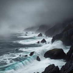 Fototapeta premium Sea ripple water with morning fog