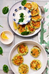 Cheese pancakes with mozzarella, spinach and yogurt-garlic sauce..top veiw