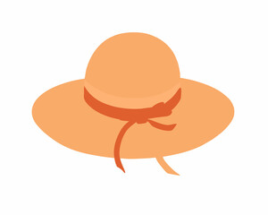 Straw hat, women beach clothing. Sun headwear for sea vacation. Summer sunhat with ribbon and brims. Head wearing, girls accessory. Flat vector illustration isolated on white background
