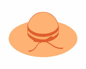 Straw hat, women beach clothing. Sun headwear for sea vacation. Summer sunhat with ribbon and brims. Head wearing, girls accessory. Flat vector illustration isolated on white background
