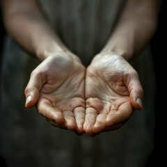 Fototapeta premium Open palms closeup, hands in holding gesture, giving and showing, prayer, begging, copy space