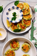 Cheese pancakes with mozzarella, spinach and yogurt-garlic sauce..top veiw
