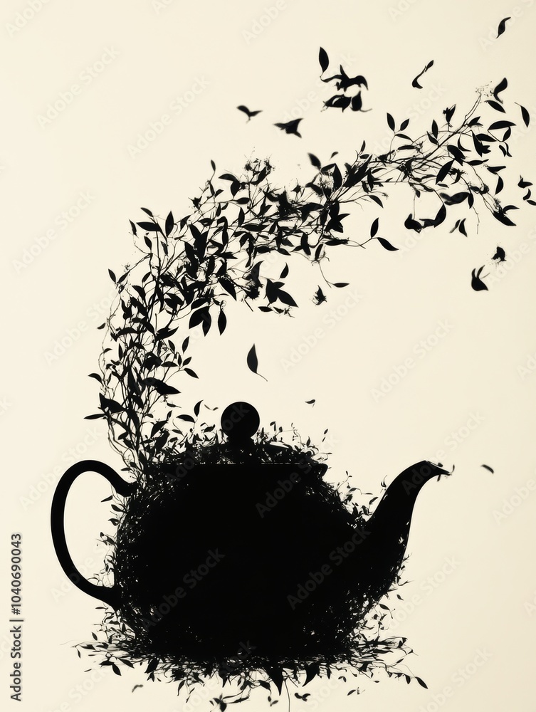 Aufkleber a teapot's silhouette transforms into flowing tea leaves, creating an artistic representation of nat