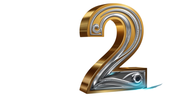 golden number 2 in transparent background