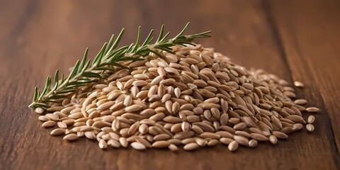 Obraz premium Freshly harvested grains in a wooden bowl with herbs on a rustic table setting in natural lighting