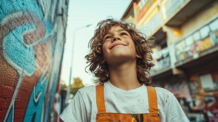 A young artist stands in a vibrant, graffiti-adorned alley, exuding creativity, urban expression, and youthful determination amidst a lively urban backdrop.