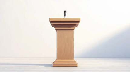 A light brown wooden podium with single microphone against white background public speaking fear politician speaker