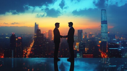 Fototapeta premium Two silhouettes shake hands against a vibrant city skyline at sunset, representing partnership and collaboration in a modern urban setting