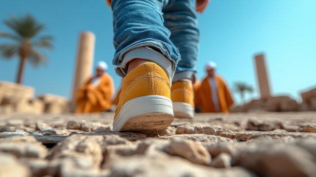 A young child in bright yellow shoes walks confidently down a stony path under a clear blue sky, symbolizing growth and exploration. Vibrant and lively scenery.