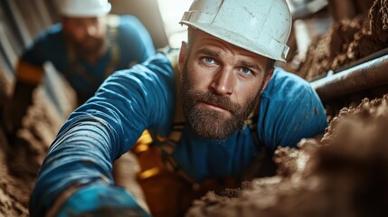 A close-up of a worker wearing blue safety gear and a hard hat, intensely focusing while navigating an earthy tunnel, highlighting themes of labor and determination.