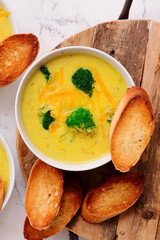 Cheese soup with vegetables and broccoli. with  croutons.style hugge.selective focus