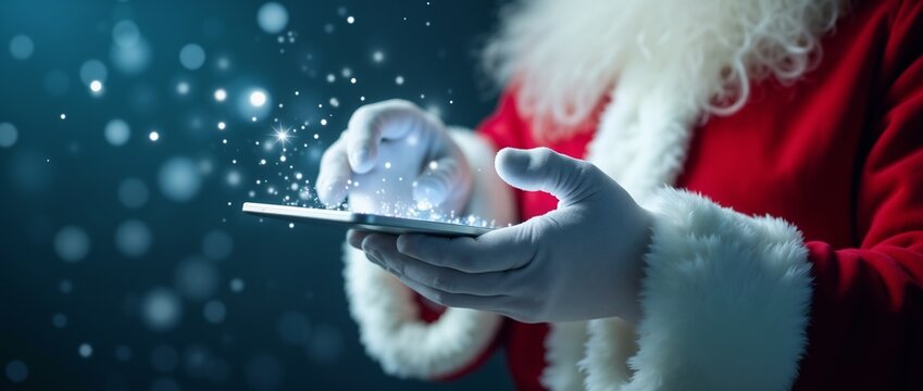 Santa Claus interacting with a tablet as magical sparkles emanate, capturing the festive spirit of Christmas. Perfect for holiday technology, magic, and communication themes.

