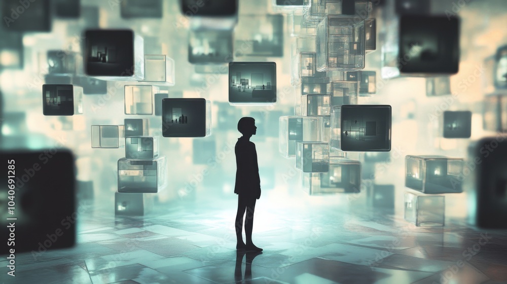 Poster An ethereal depiction of a person surrounded by floating transparent cubes, each cube containing a moment captured in time like a photograph