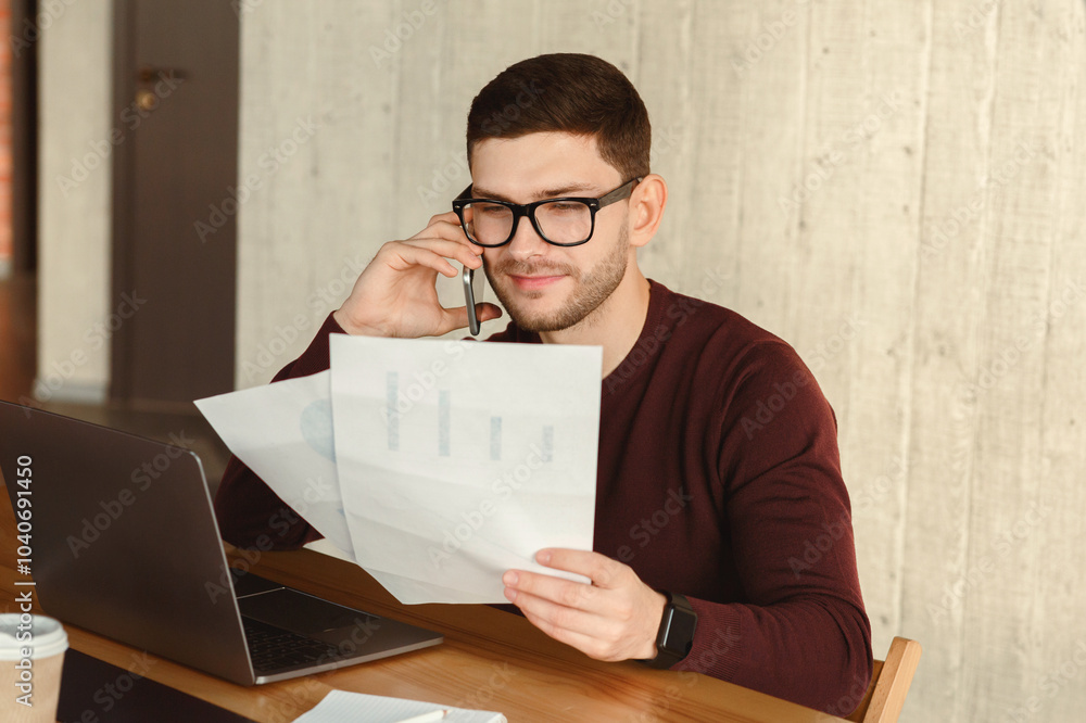 Poster phone negotiation. millennial guy calling client to discuss working details and documents sitting in