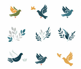 Peace dove graffiti, pigeons, twigs ink illustration. Flying birds silhouettes monochrome flat icons