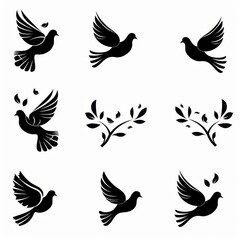 Obraz premium Peace dove graffiti, pigeons, twigs ink illustration. Flying birds silhouettes monochrome flat icons