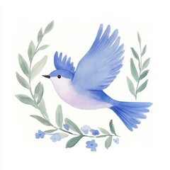 Bluebird illustration surrounded by floral elements on white background.