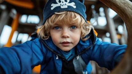 A young boy with a playful pirate hat enjoys a thrilling adventure on a playground, fully immersed in his imaginative world and showcasing carefree childhood fun.