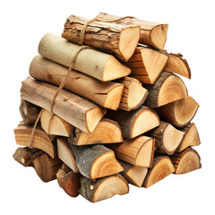 Stacked firewood on a transparent or white isolated background.