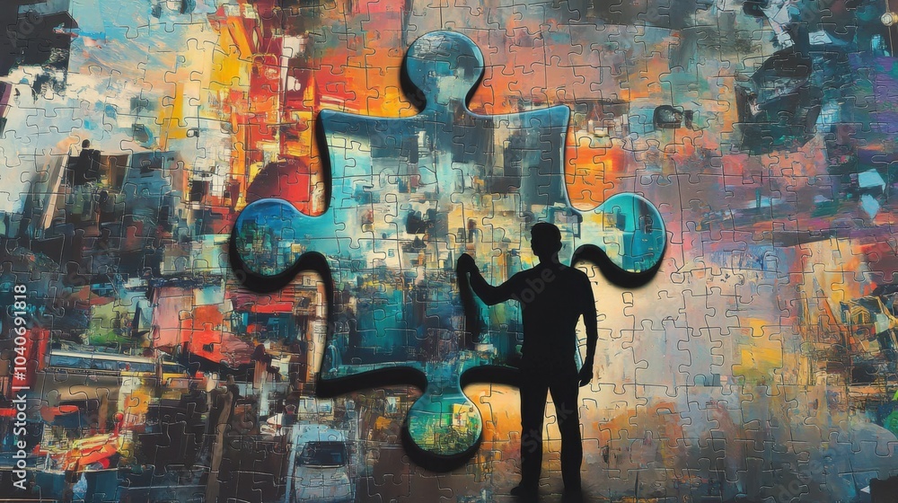Aufkleber An evocative image of a person standing in front of a giant puzzle piece that is about to be placed into a larger, incomplete mosaic of modern life scenes