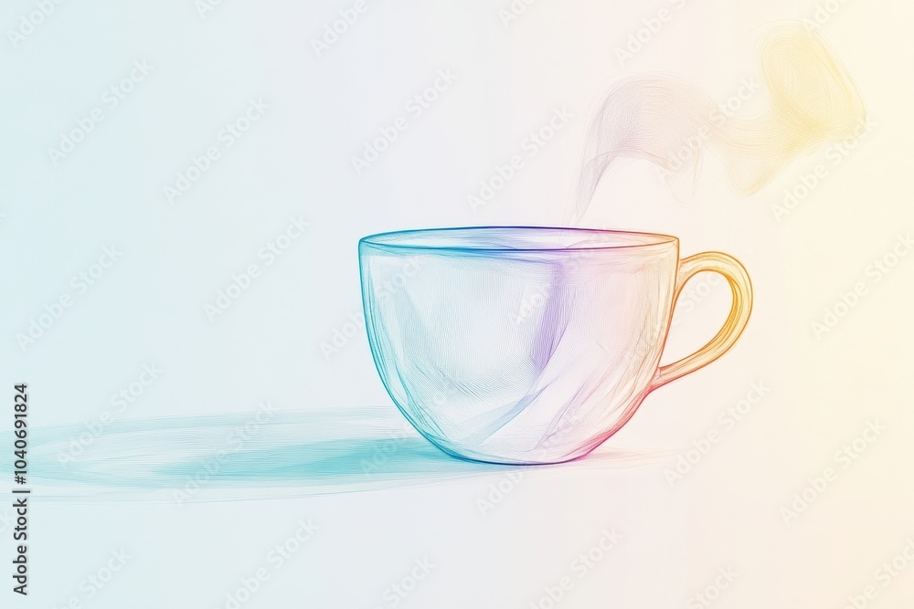 Poster A delicate continuous line forms a tea cup with soft steam, evoking a sense of tranquility and warmth in a minimalistic design. Generative AI