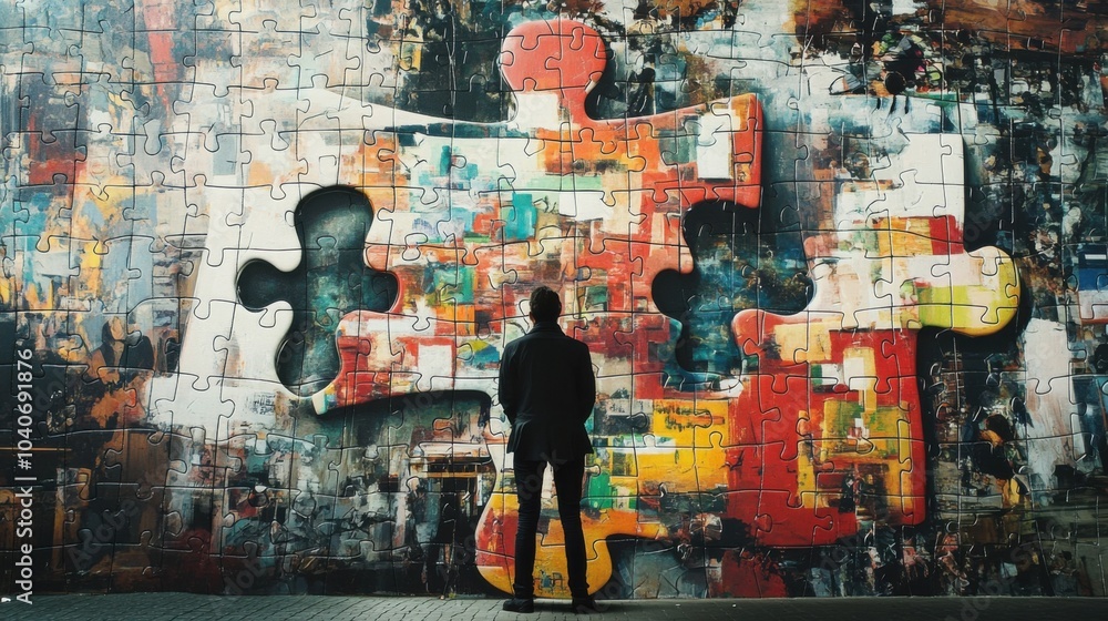 Aufkleber An evocative image of a person standing in front of a giant puzzle piece that is about to be placed into a larger, incomplete mosaic of modern life scenes