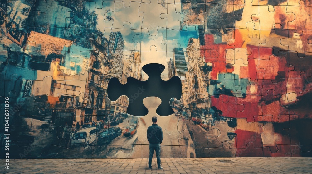 Aufkleber An evocative image of a person standing in front of a giant puzzle piece that is about to be placed into a larger, incomplete mosaic of modern life scenes