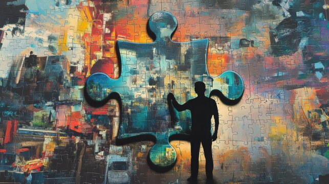 An evocative image of a person standing in front of a giant puzzle piece that is about to be placed into a larger, incomplete mosaic of modern life scenes