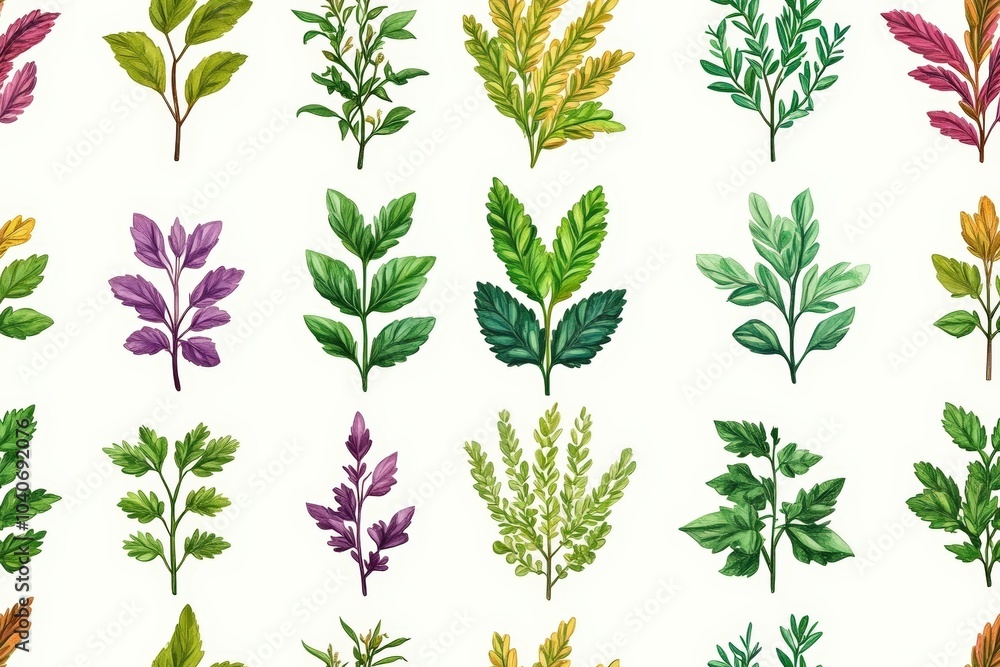 Canvas Prints a variety of colorful leaves arranged in a seamless pattern on a white background.