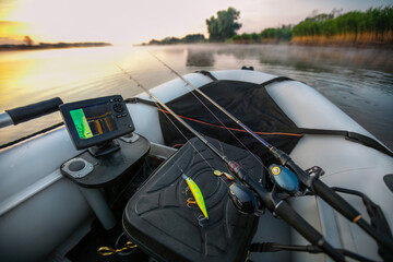 Fishing object background. Bait casting fishing reel end rod.	