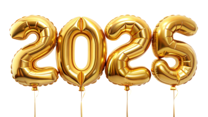 Gold balloons shaped as the numbers 2025 on a transparent or white isolated background.