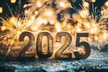 celebrate 2025 fireworks with glittering numbers against sparkling bokeh background, new years eve, closeup, photorealistic