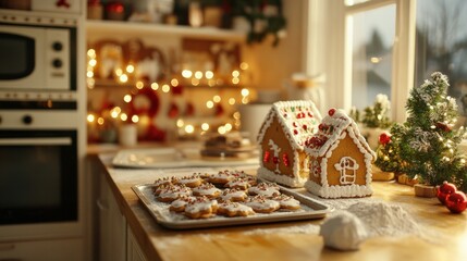 Decorated gingerbread houses and cookies alongside a Christmas tree, creating a warm holiday atmosphere.