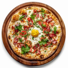 Pizza Carbonara with Bacon, Cheese, Rucola, Tomato Sauce, Mozzarella and Raw Egg Yolk Isolated