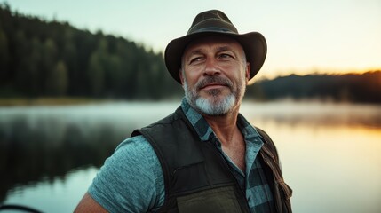 Obraz premium An outdoor adventurer wearing a hat smiles, enjoying the peaceful view of a lake at sunset, embodying freedom and contentment amidst nature's tranquility.