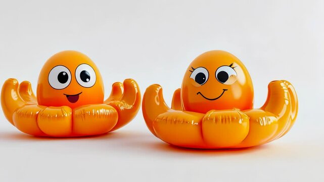 Two orange octopus pool floats with smiling faces sit on a white background