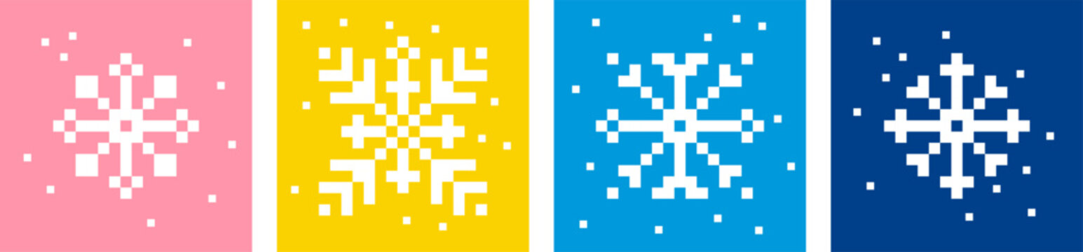 Snowflake in pixel art. Minimalist winter season cards. Xmas elements. Mood of 90's. 8-bit retro style vector illustration. Geometric form. Christmas, New Year design. Bright modern shape for poster