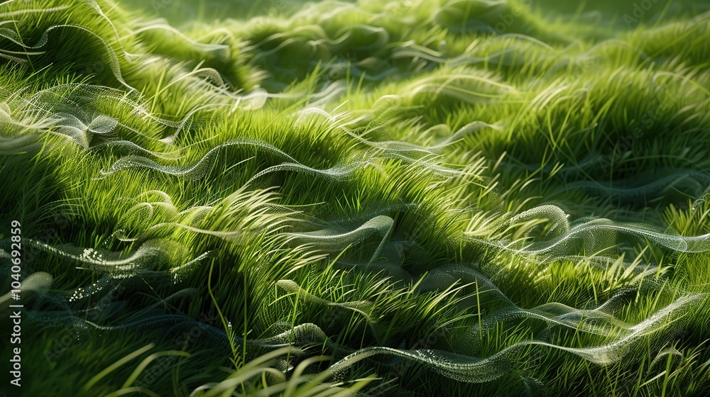 Poster a meadow where the grass forms intricate patterns, moving and changing with the wind