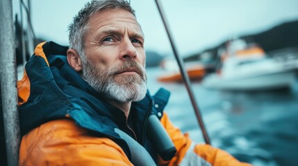 A mature sailor with a gray beard sits contemplatively on a boat wearing a bright orange waterproof jacket, surrounded by blurred boats on the sea.