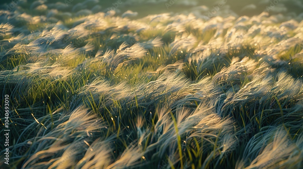 Poster a meadow where the grass forms intricate patterns, moving and changing with the wind