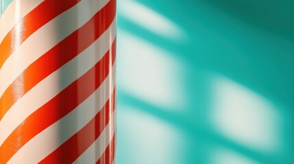 Obraz premium A vibrant red and white striped pole stands prominently against a bright blue background, suggesting a playful, retro vibe reminiscent of traditional barbershops.