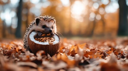 This charming hedgehog is holding and eating nuts from a coconut shell, set against a backdrop of fallen autumn leaves, exuding a sense of warmth and coziness.