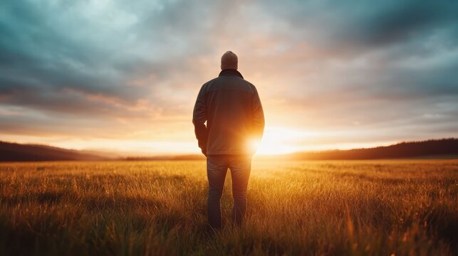 A solitary figure stands with hands in pockets, silhouetted against the stunning sunrise, reflecting a moment of introspection and peace in the vast open field.