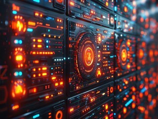 Obraz premium Cybersecurity firewall, vibrant colors, digital screens, tech setting, modern