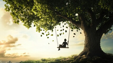 An imaginative depiction of a person sitting on a swing hanging from a giant tree, with each leaf on the tree representing a different goal or dream