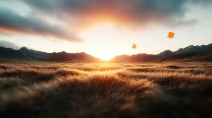 An enchanting evening view of a grassy landscape as the sun sets beyond distant mountains with whimsical floating cubes enhancing the calming atmosphere.