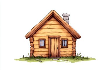 Wooden cottage with a chimney, surrounded by green grass, white isolate background.